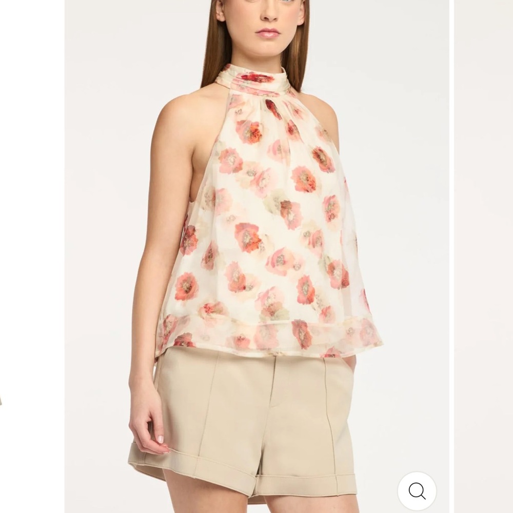 cinq a sept Floral Halter Camisole in Cream and Coral Pink